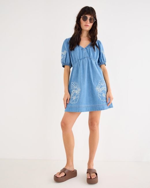 Oliver Bonas Blue Floral Embroidered V-neck Denim Mini Dress, Size 18