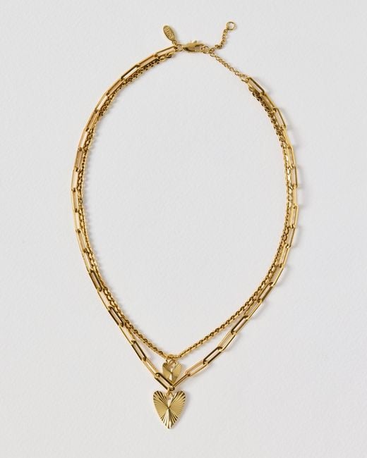 Oliver Bonas Metallic Melony Tone Waterproof Double Row Etched Heart Pendant Necklace