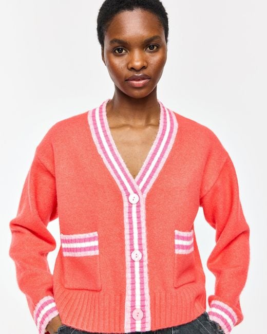 Oliver Bonas Red & Pink Striped V-neck Knitted Cardigan, Size 6