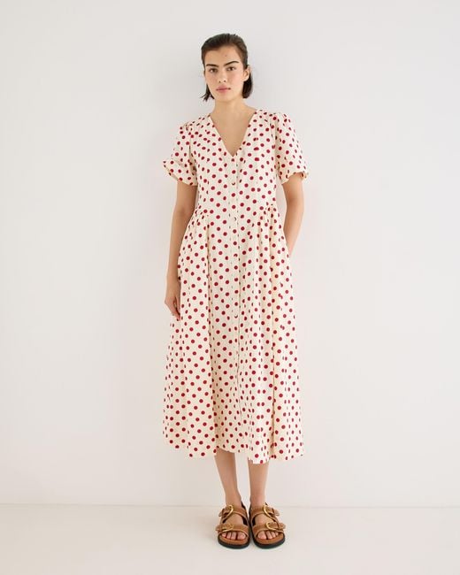 Oliver Bonas Pink Cream & Red Polka Dot V-neck Cotton Midi Dress, Size 10
