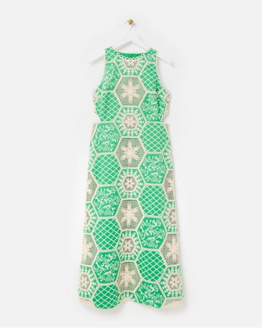 Oliver Bonas Green & Cream Embroidered Geometric Cut Out Midi Dress, Size 18