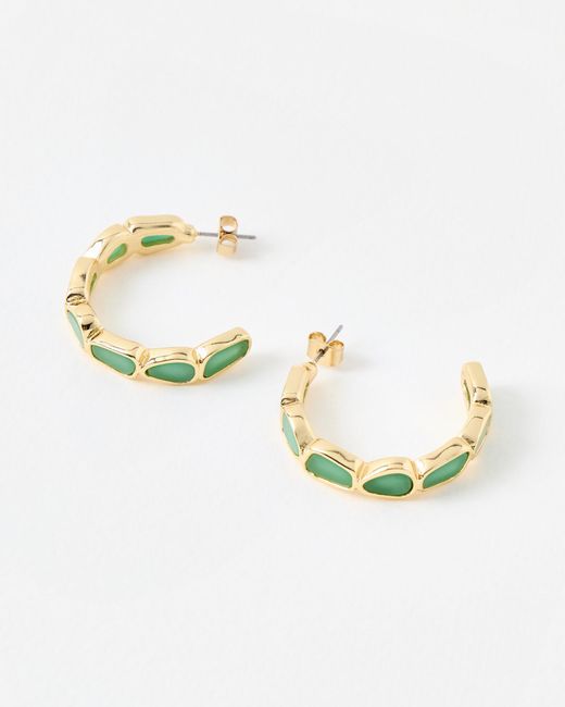 Oliver Bonas White Addison Green Stone Inlay Large Hoop Earrings