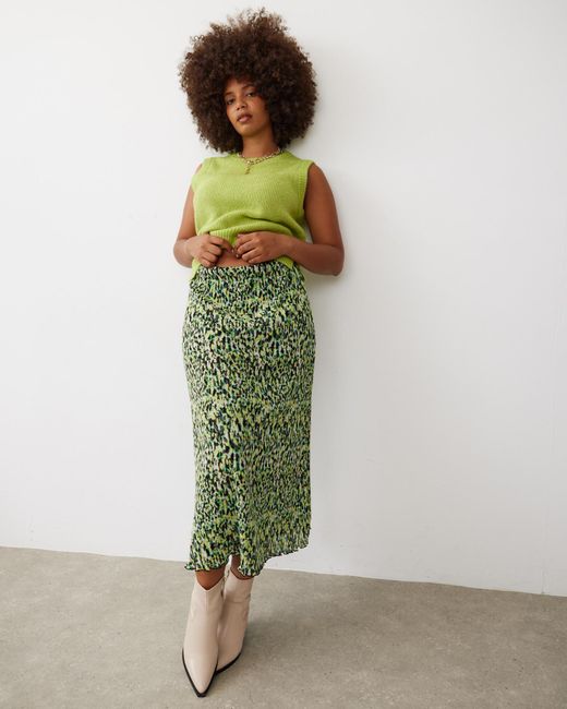 Oliver Bonas Warped Animal Print Green Mesh Midi Skirt, Size 8