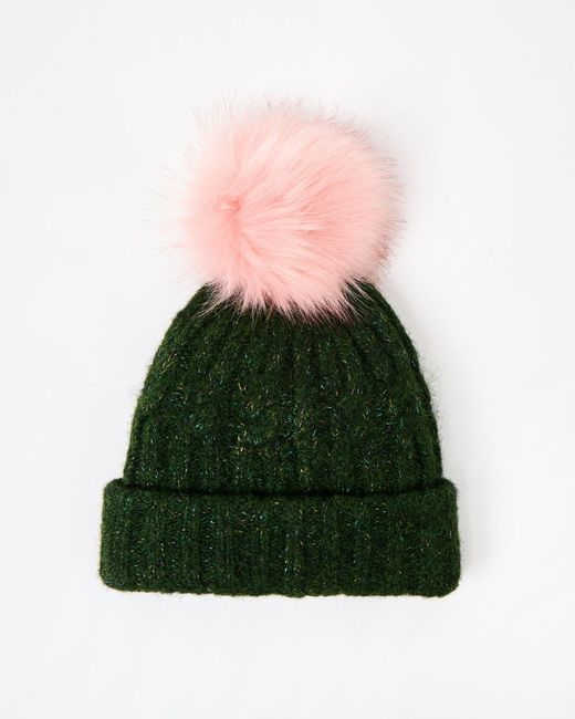 Oliver Bonas Green Khaki Sparkle Pom Pom Bobble Hat