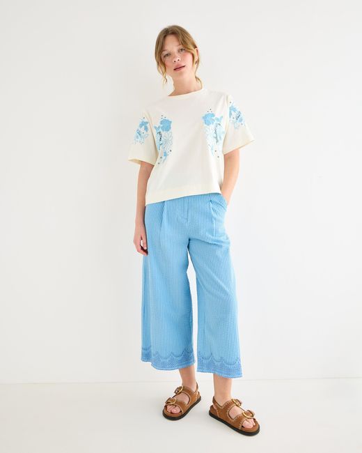 Oliver Bonas Blue Striped Broderie Hem Cropped Wide Leg Trousers, Size 14