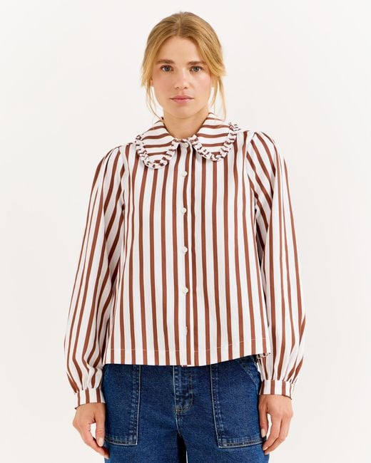 Oliver Bonas Red Mocha Brown & White Striped Frill Collar Cotton Shirt, Size 8