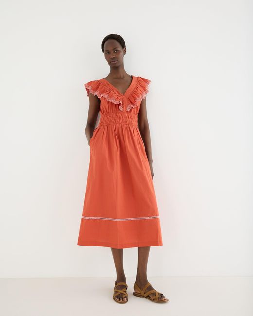 Oliver Bonas Red Broderie Frill V-neck Cotton Midi Dress, Size 10