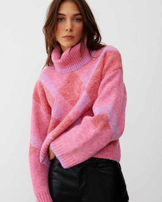 Oliver Bonas Pink Diamond Roll Neck Knitted Jumper, Size 16
