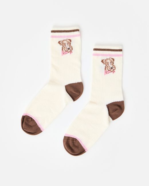 Oliver Bonas Pink Cream & Brown Dog Sporty Ankle Socks