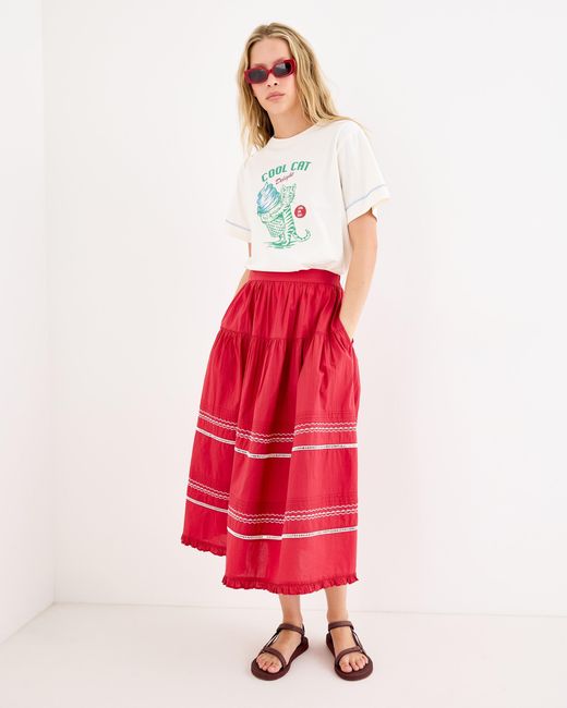 Oliver Bonas Embroidered Cotton Tiered Midi Skirt, Size 10