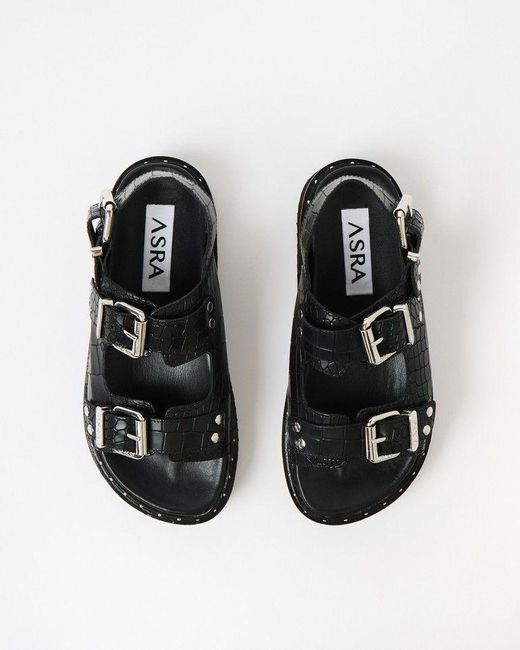 Oliver Bonas Black Asra Sami Croc Leather Double Buckle Sandals