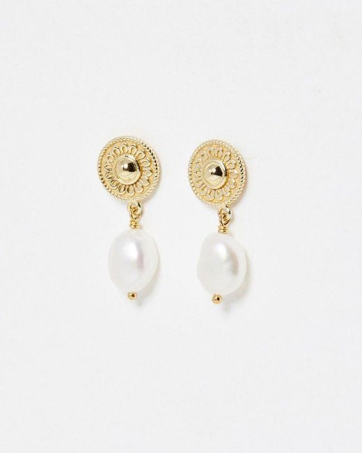 Oliver Bonas White Patsy Flower Disk & Freshwater Pearl Gold Plated Drop Earrings