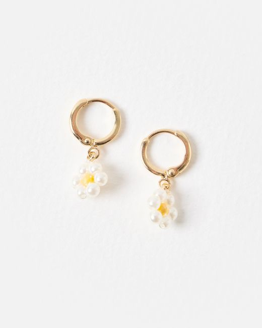 Oliver Bonas White Rosaria Beaded Faux Pearl Flower Drop Huggie Earrings
