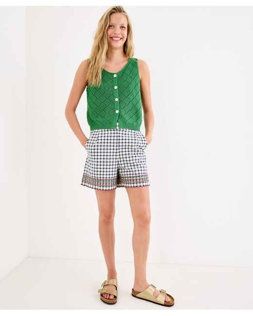 Oliver Bonas Green Cream & Gingham Embroidered Cotton Scalloped Hem Shorts, Size 10