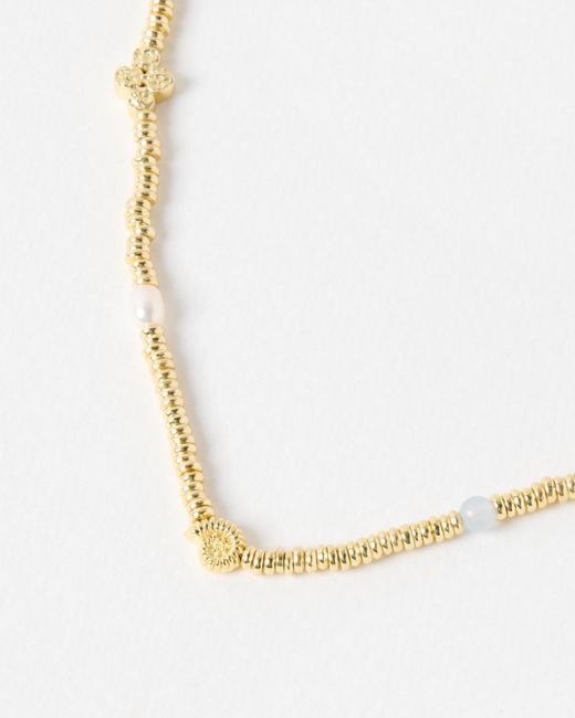Oliver Bonas White Sora Shell, Pearl & Aquamarine Textured Beaded Necklace