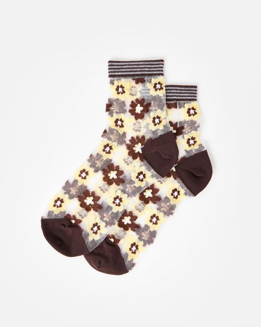 Oliver Bonas White Brown & Yellow Floral Sheer Ankle Socks