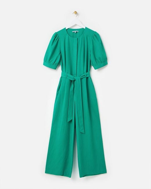 Oliver Bonas Green Puff Sleeve Tie Waist Wide Leg Jumpsuit, Size 6