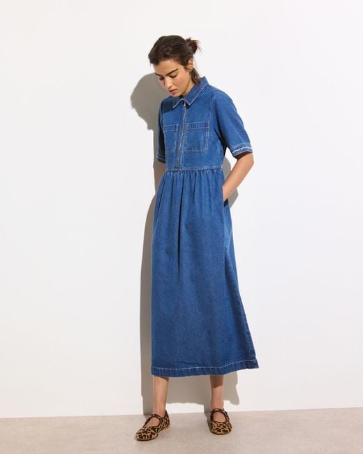 Oliver Bonas Blue Dark Denim Collared Zip Up Midi Dress, Size 18