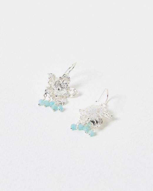 Oliver Bonas White Sarah Filigree Flower & Blue Amazonite Silver Drop Earrings