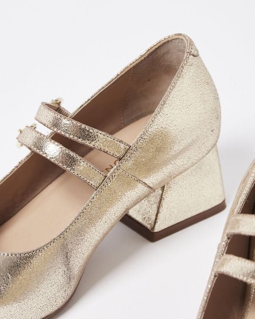 Oliver Bonas Natural Mary Jane Gold Metallic Leather Flared Heeled Shoes, Size Uk 3