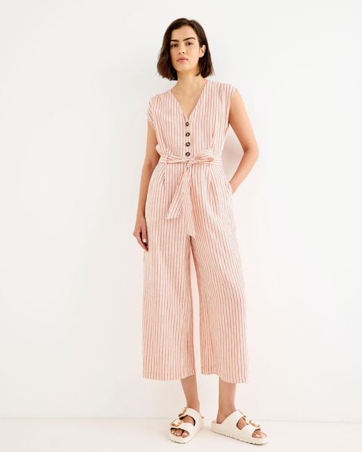 Oliver Bonas Pink Cream & Striped V-neck Sleeveless Jumpsuit, Size 10