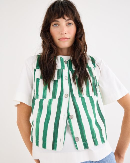 Oliver Bonas Green & White Striped Denim Waistcoat, Size 10