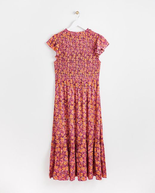 Oliver Bonas Textured Floral Shirred Pink Midi Dress, Size 6