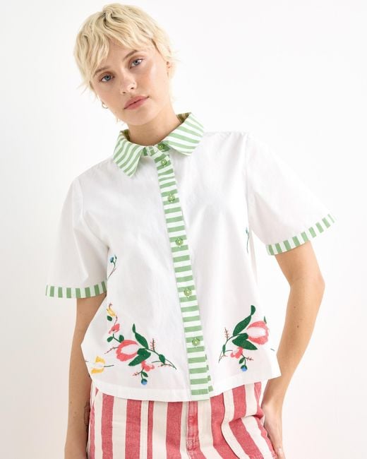 Oliver Bonas White Floral Embroidered Short Sleeve Shirt, Size 10