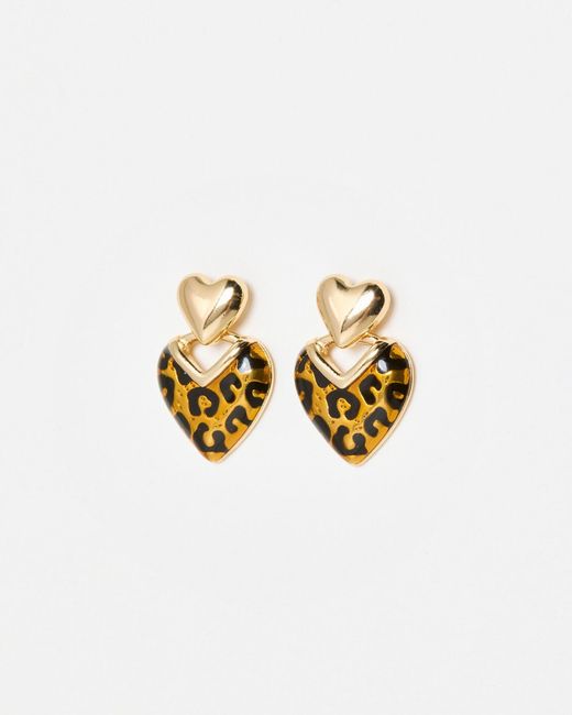 Oliver Bonas White Lana Leopard Print Tiered Heart Earrings