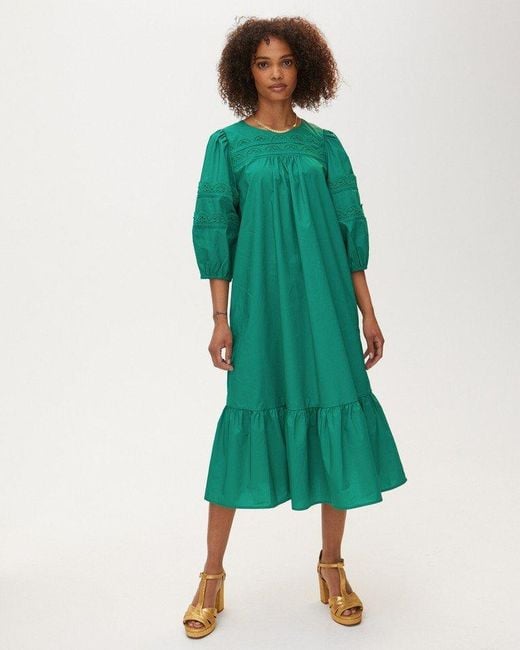 Oliver Bonas Tie Back Poplin Cotton Midi Dress in Green | Lyst