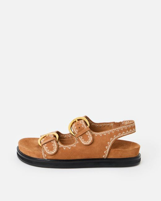 Oliver Bonas White Toffee Suede Stitch Detail Double Buckle Sandals, Size 3