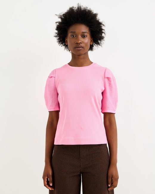 Oliver Bonas Pink Ribbed Puff Sleeve Top, Size 10