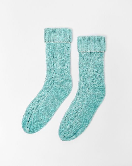 Oliver Bonas Blue Mint Green Chenille Cable Bed Socks
