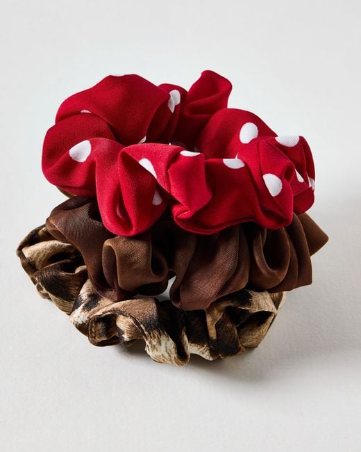 Oliver Bonas Red Margeau Polka Dot & Animal Scrunchies Set Of Three