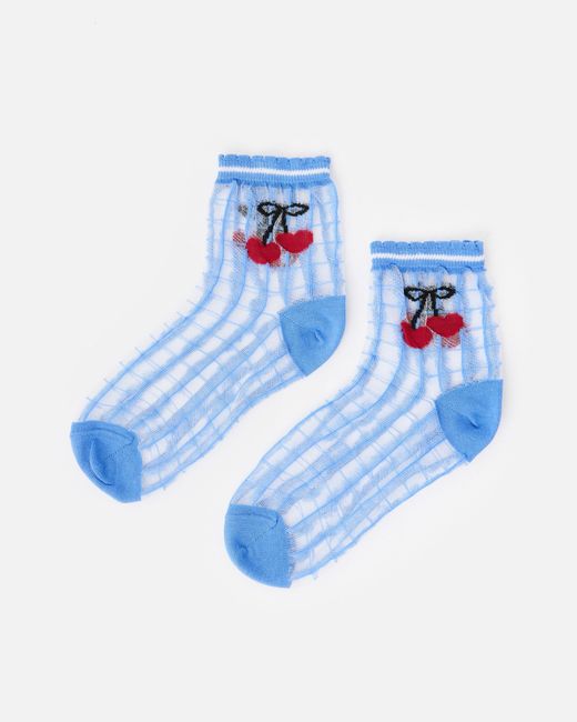 Oliver Bonas Blue Checked Cherries Sheer Ankle Socks