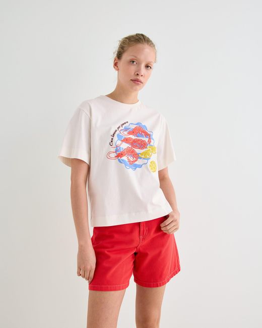 Oliver Bonas Red White Prawn Plate Cotton Graphic T-shirt, Size 10