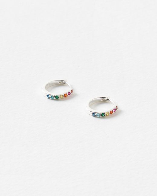 Oliver Bonas White Rainbow Gem Inlay Silver Huggie Earrings