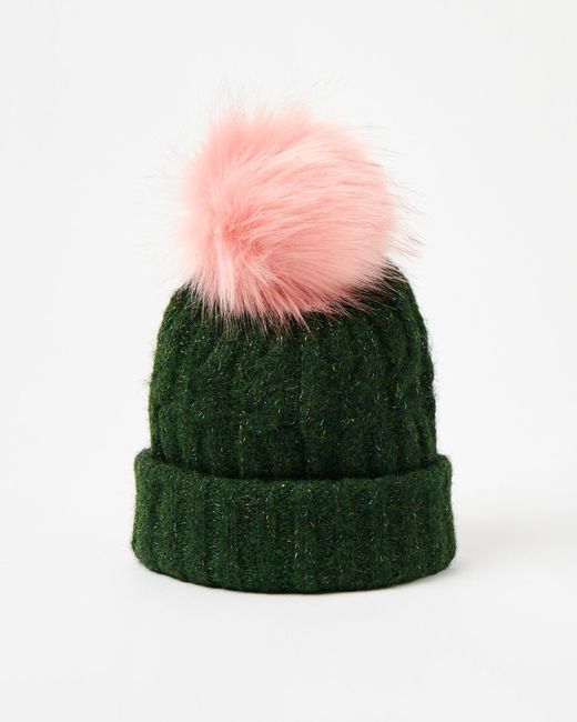 Oliver Bonas Green Khaki Sparkle Pom Pom Bobble Hat