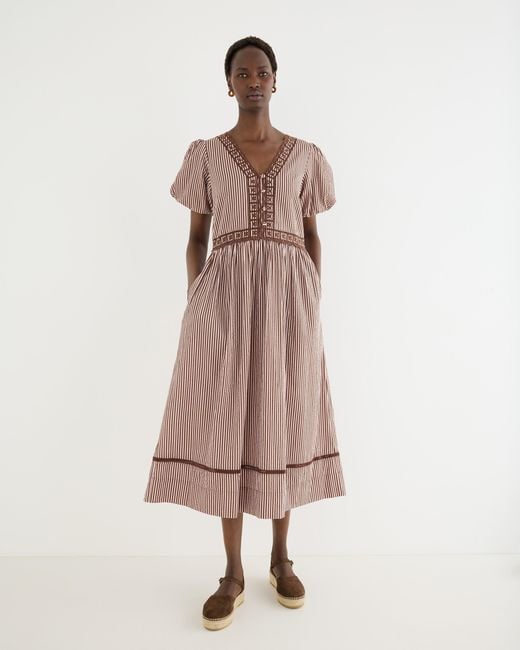 Oliver Bonas Natural Brown & Striped Seersucker Puff Sleeve Midi Dress, Size 10