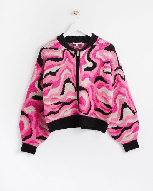 Oliver Bonas Pink Marble Knitted Bomber Jacket, Size 18