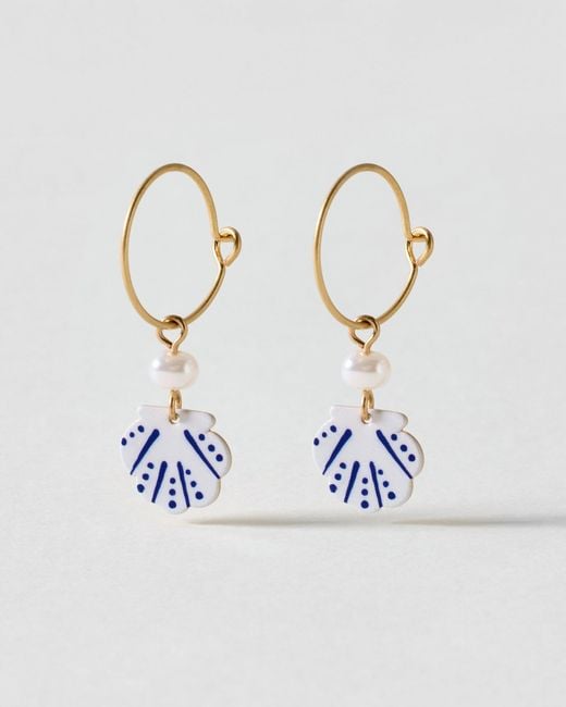 Oliver Bonas Blue Safiya Mini Shell Charm Drop Hoop Earrings