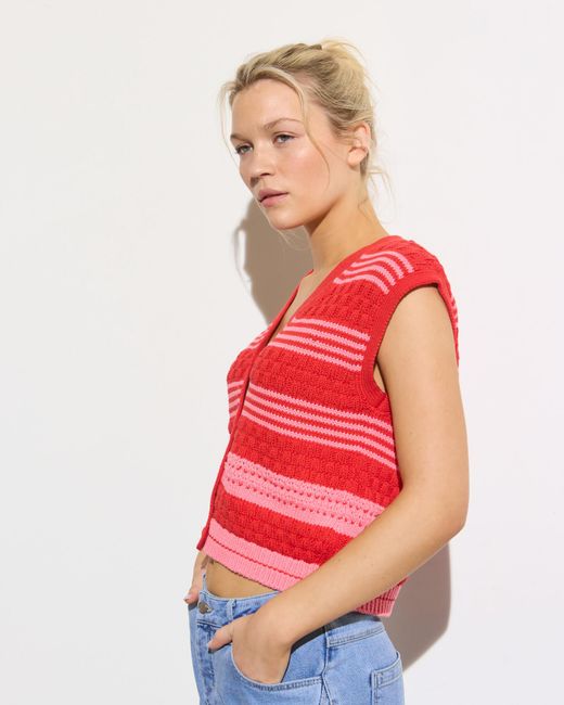 Oliver Bonas Red & Pink Striped Button Up Knitted Waistcoat, Size 6