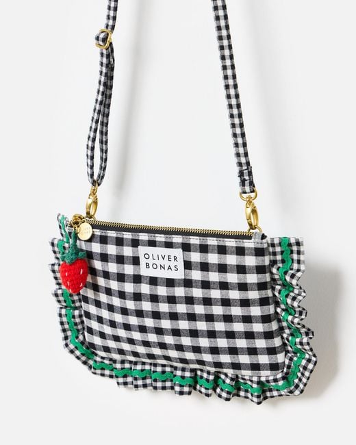 Oliver Bonas White Gingham Ruffle Pouch Crossbody Bag