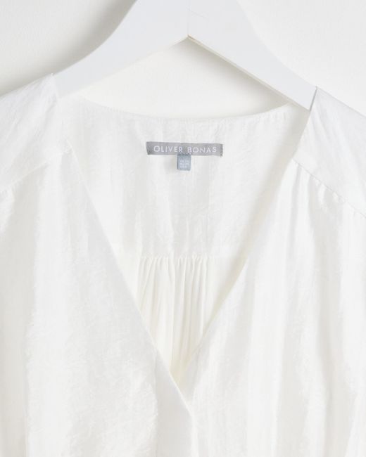 Oliver Bonas White V-neck Puff Sleeve Blouse, Size 16