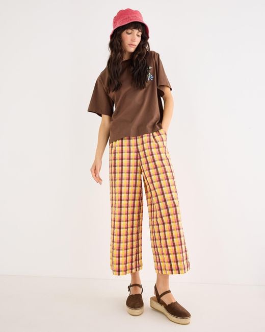 Oliver Bonas Pink Yellow & Brown Checked Cropped Wide Leg Trousers, Size 10