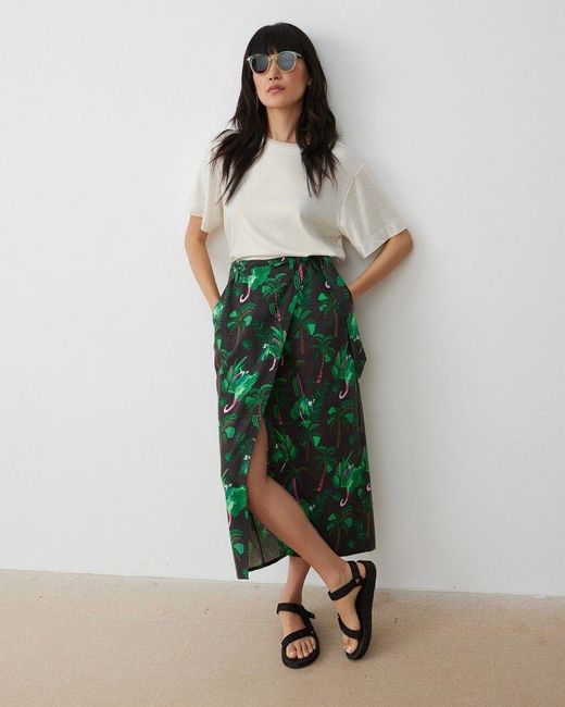Oliver Bonas Green Tropical Print Midi Skirt