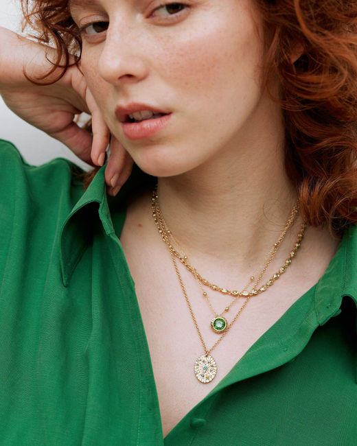 Oliver Bonas Green Misty Gold & Textured Pendant Necklace
