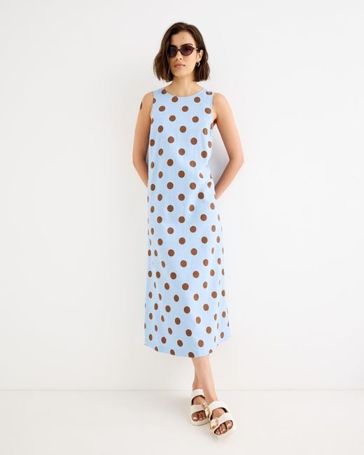 Oliver Bonas Blue Light & Brown Polka Dot Sleeveless Midi Dress, Size 10