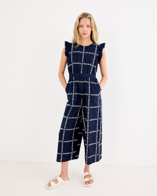 Oliver Bonas Blue & White Embroidered Sleeveless Cropped Jumpsuit, Size 10