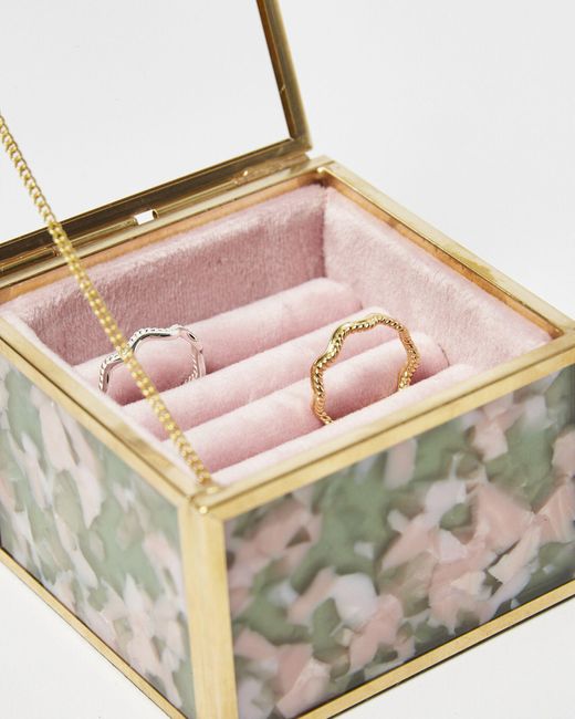 Oliver Bonas White Gold & Glass Pink Resin Jewellery Ring Box